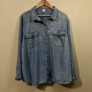 Ana Women's Chambray Long Sleeve Shirt Roll‎ Up Sleeves Basic Minimalist Size 3X